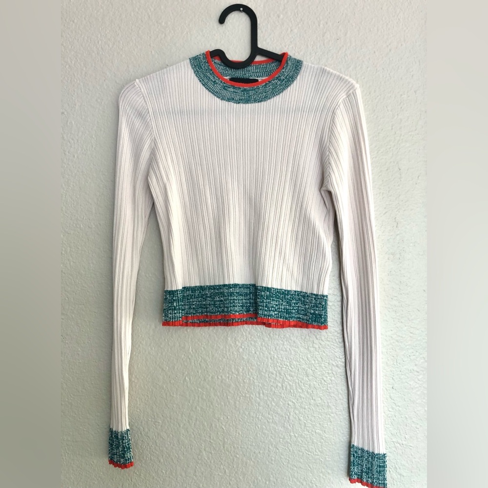 Topshop White Ribbed Long Sleeve Tee with Teal and Coral Trim